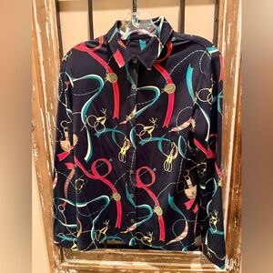 J.McLaughlin Beautiful Christmas Colorful Ribbon Print Button-Up Shirt. Size M
